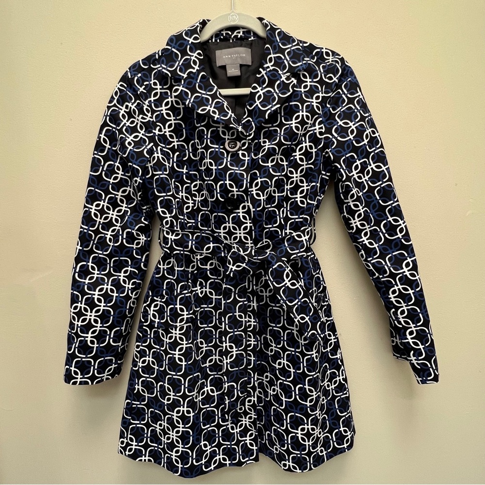 Ann Taylor Factory Geometric Belted Trench Coat Black w/ Blue and White Size XS